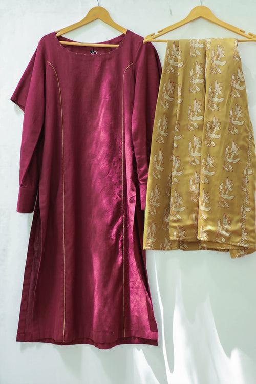 Maroon khadi kurta with stylized sleeves