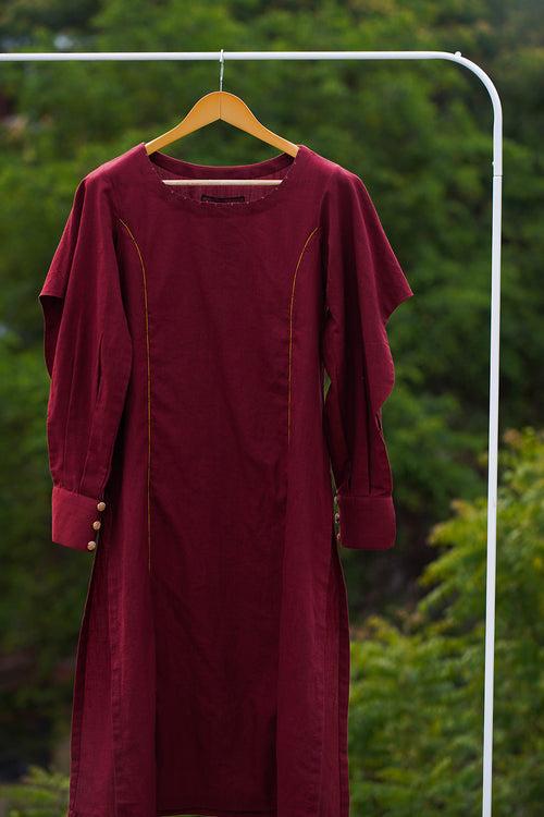 Maroon khadi kurta with stylized sleeves