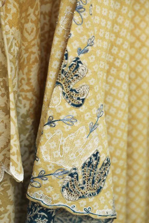 Macaroon yellow with indigo panelled kalamkari short cotton kaftan