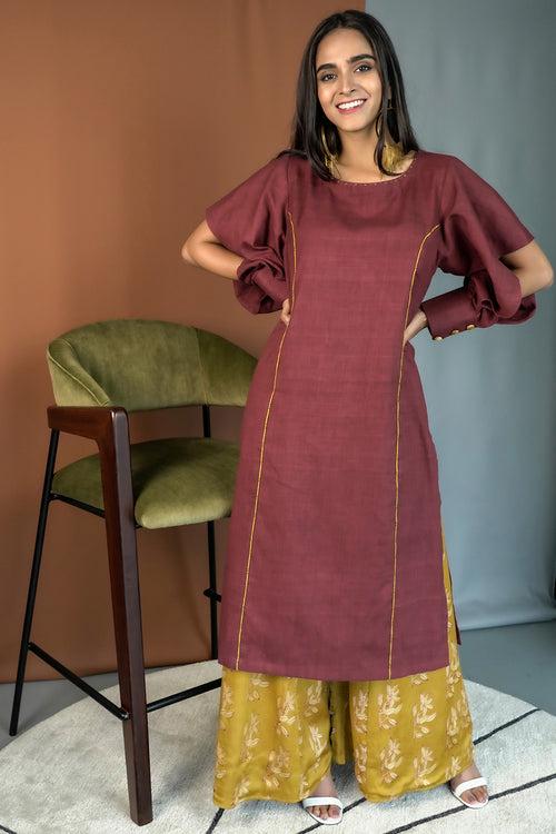 Maroon khadi kurta with stylized sleeves