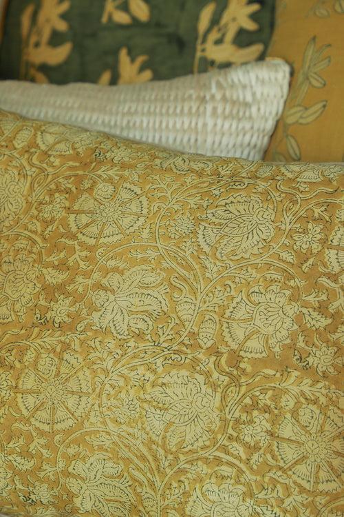 Block printed Kalamkari cushion cover in rich silk chanderi