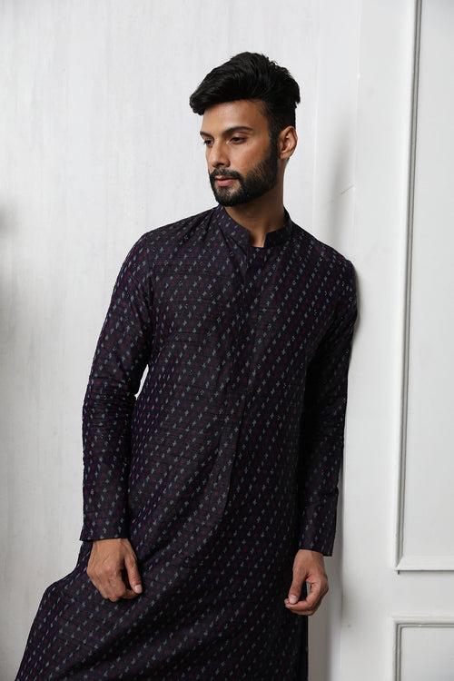 Handwoven purple raw silk ikat men's kurta with embellishments