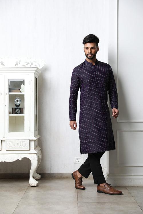 Handwoven purple raw silk ikat men's kurta with embellishments