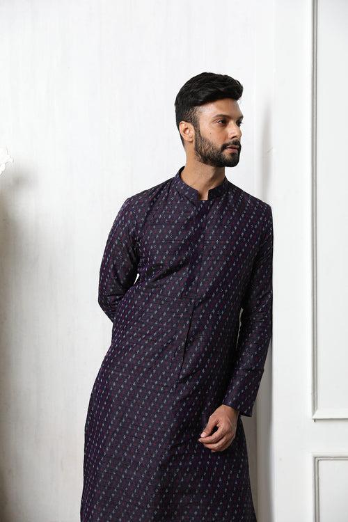 Handwoven purple raw silk ikat men's kurta with embellishments