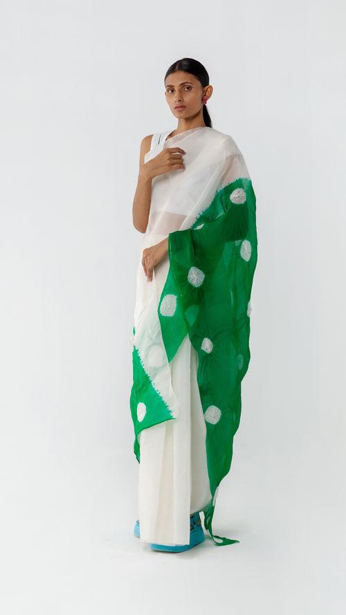 SEGMENT ORGANZA SAREE - WHITE/GREEN