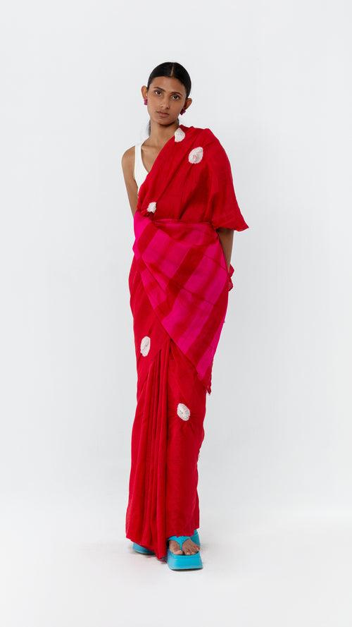 POLKA ITAJIME SAREE - RED/PINK