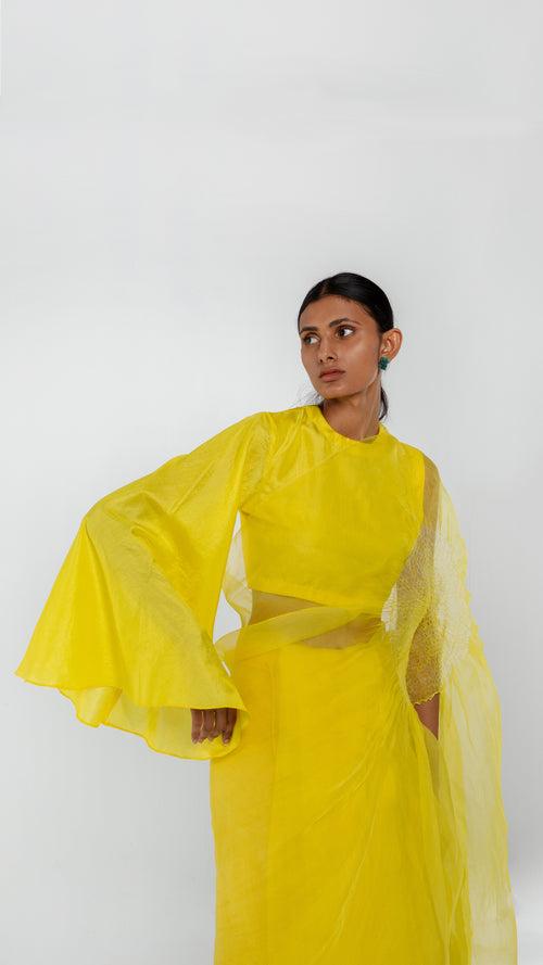 HANDSFREE SAREE, SILK ORGANZA - YELLOW