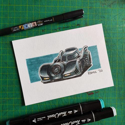 The Batmobile 6" x 4" Original Pen and Marker Art