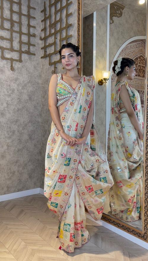 Graceful Cream Silk Saree with Thread Work & Mirror Embellishments