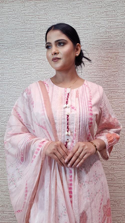 Classic Floral Pastel Cotton Suit With Self Embroidery