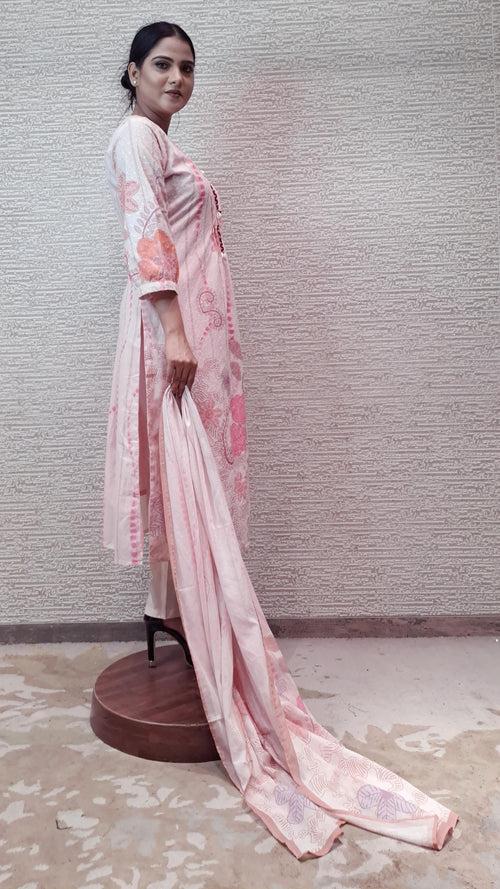 Classic Floral Pastel Cotton Suit With Self Embroidery