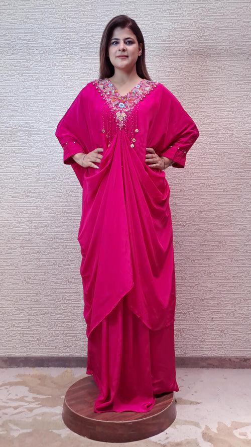 Glamourous Pink Kaftan Dress With Multi Color Resham Embroidery