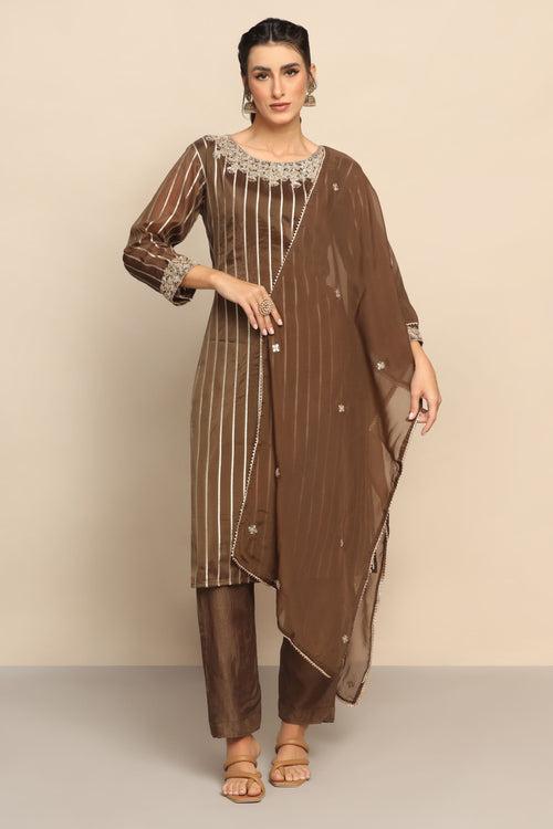 Luxurious Brown Silk Blend Suit with Beads, Gota Work, and Sequins