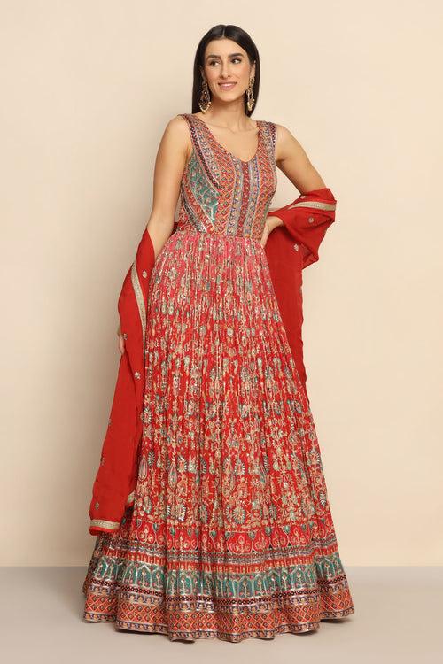 Captivating Red Dress with Sequins and Zari - Sparkle with Elegance