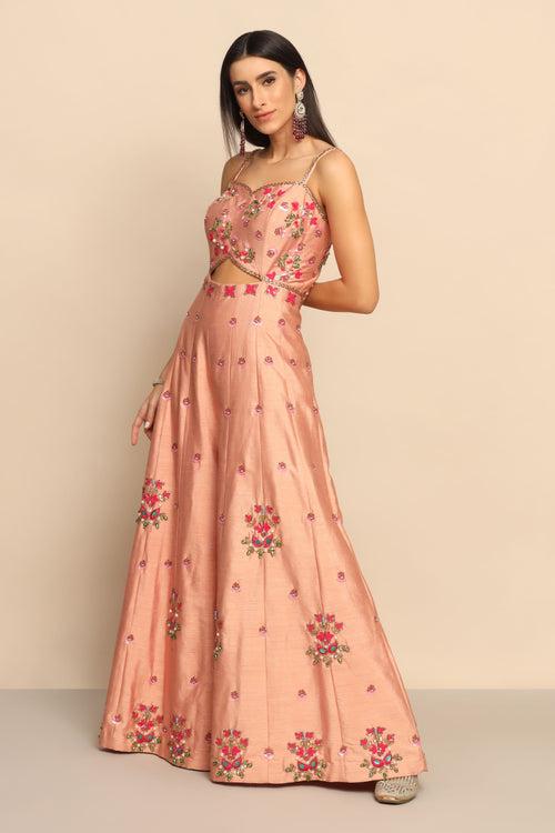 Elegant Peach Dress with Sequins, Beads, and Cut Dana