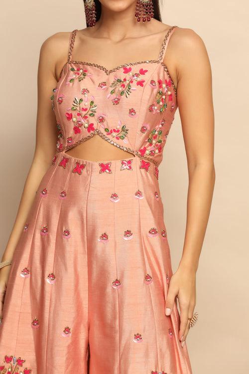 Elegant Peach Dress with Sequins, Beads, and Cut Dana