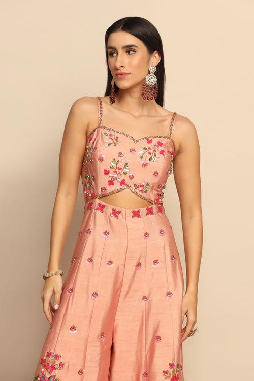 Elegant Peach Dress with Sequins, Beads, and Cut Dana