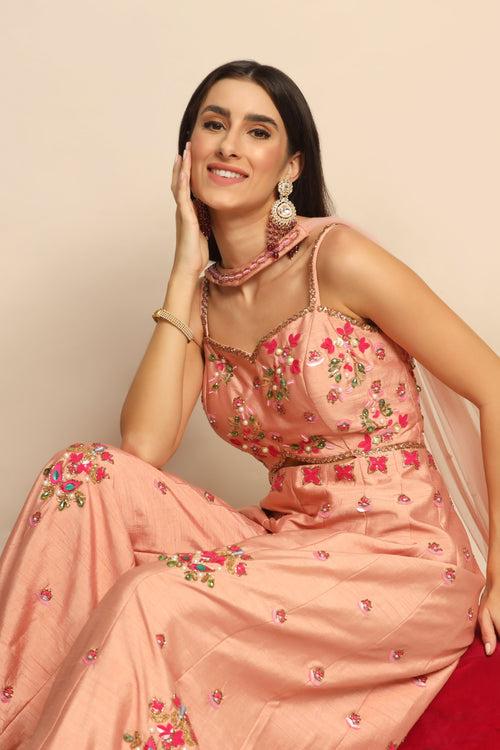 Elegant Peach Dress with Sequins, Beads, and Cut Dana