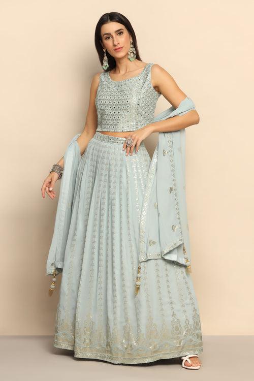 Celestial Elegance: Sky Blue Lehenga with Sequins and Mirror Embellishments