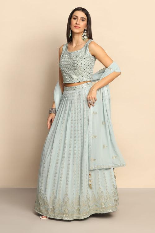 Celestial Elegance: Sky Blue Lehenga with Sequins and Mirror Embellishments