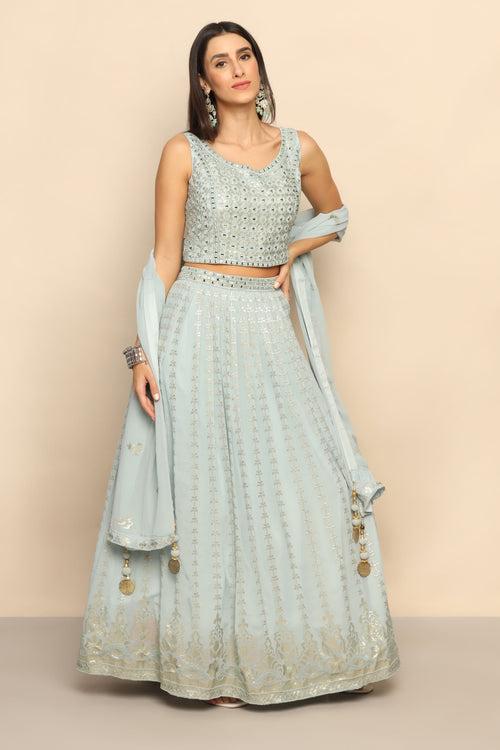 Celestial Elegance: Sky Blue Lehenga with Sequins and Mirror Embellishments