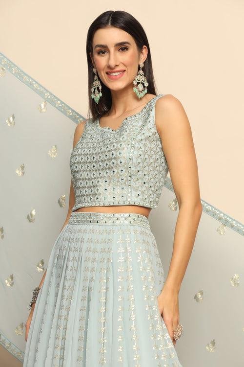 Celestial Elegance: Sky Blue Lehenga with Sequins and Mirror Embellishments