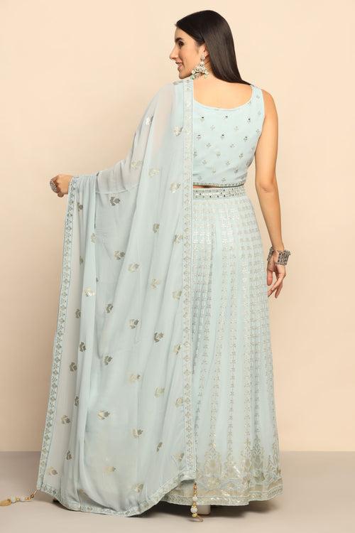 Celestial Elegance: Sky Blue Lehenga with Sequins and Mirror Embellishments