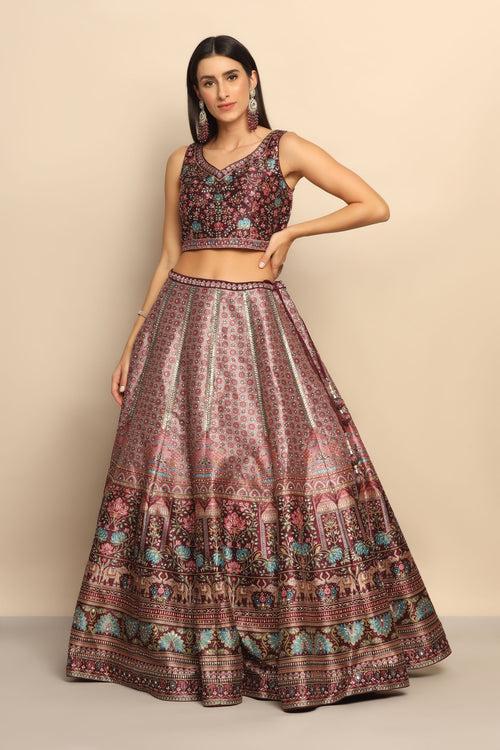 Glamorous Maroon Printed Lehenga with Swarovski Embellishments - Redefine Elegance