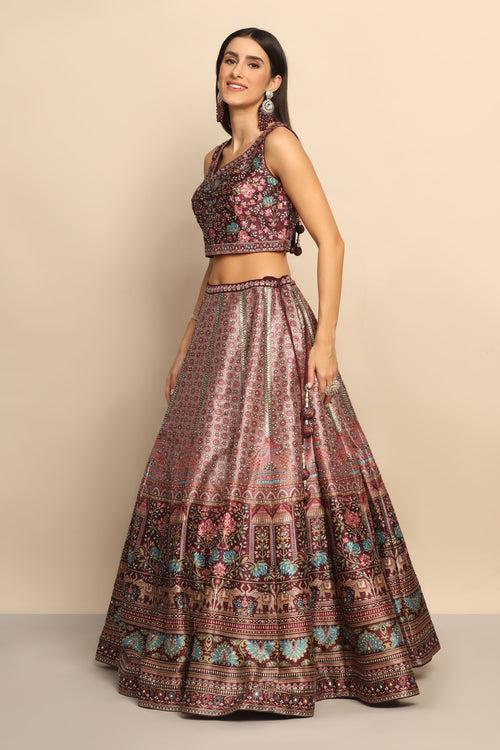 Glamorous Maroon Printed Lehenga with Swarovski Embellishments - Redefine Elegance