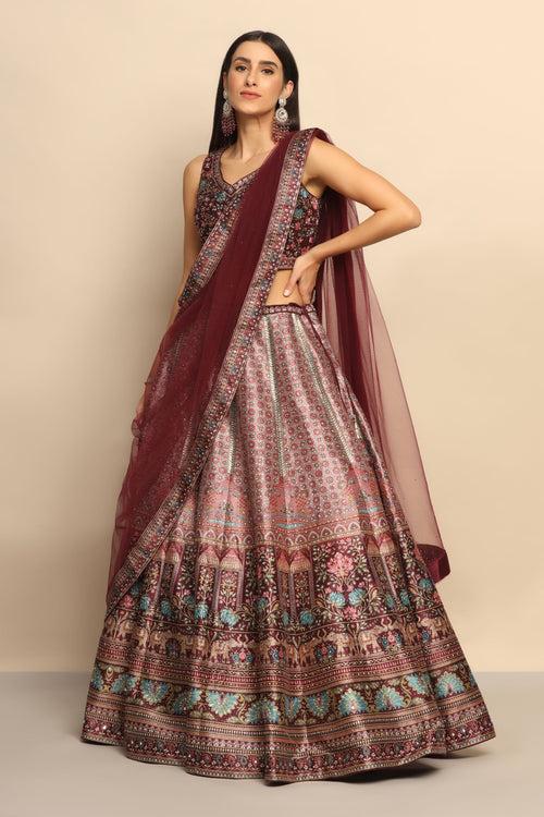 Glamorous Maroon Printed Lehenga with Swarovski Embellishments - Redefine Elegance