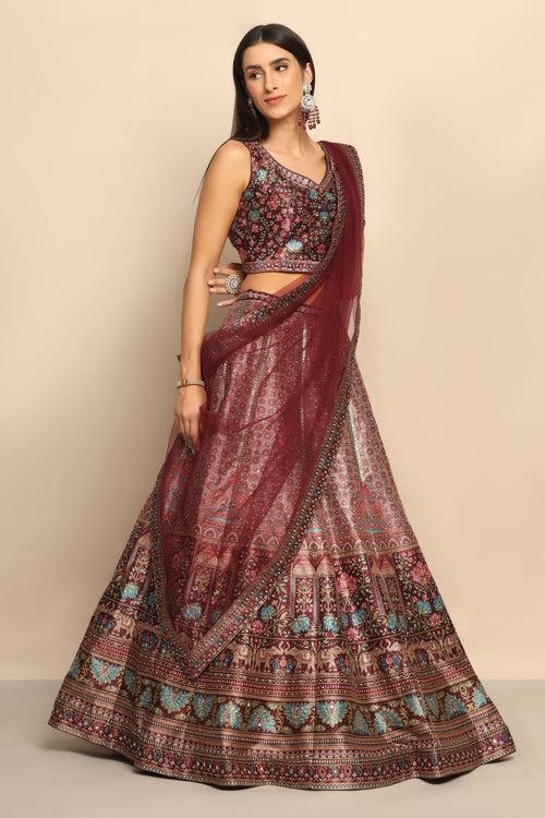 Glamorous Maroon Printed Lehenga with Swarovski Embellishments - Redefine Elegance