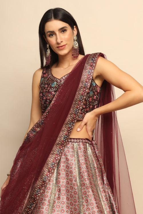 Glamorous Maroon Printed Lehenga with Swarovski Embellishments - Redefine Elegance