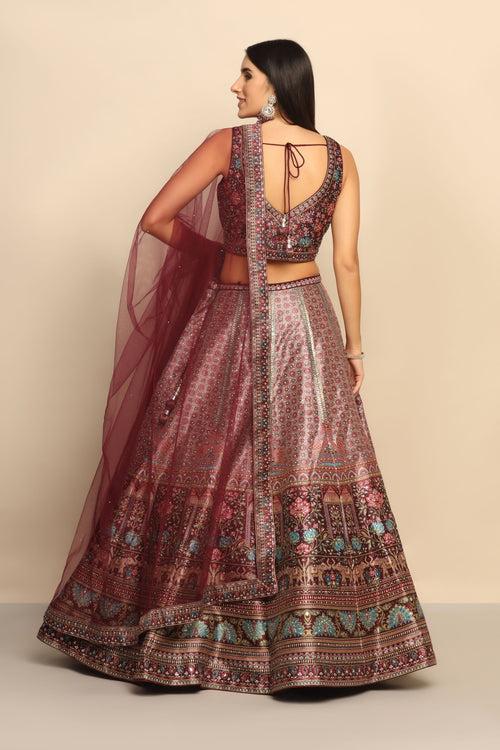 Glamorous Maroon Printed Lehenga with Swarovski Embellishments - Redefine Elegance