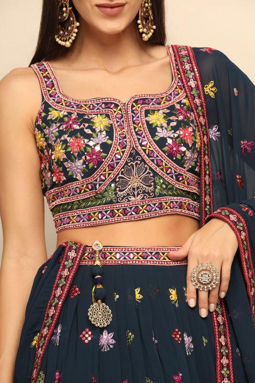 Captivating Navy Blue Lehenga with Thread Work, Mirror, and Swarovski - Embrace Elegance and Sparkle