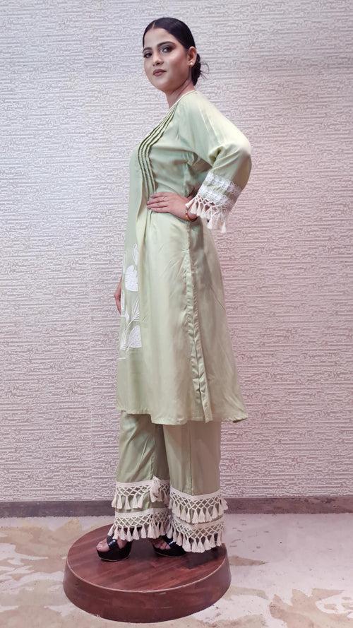 Pastel Green Suit Set In Cotton Linen Fabric Highlighted With Stunning Crochet Work