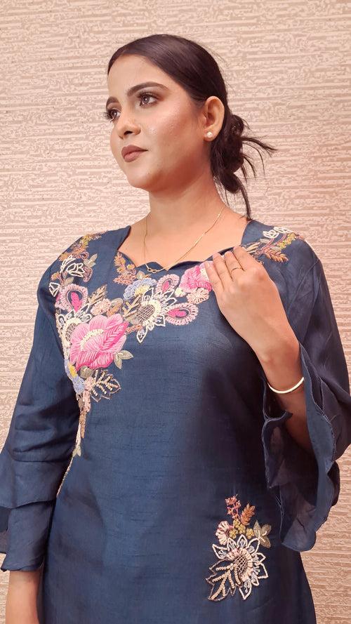 Stunning Deep Teal Blue Bell Sleeves Kurti With 3D Floral Embroidery