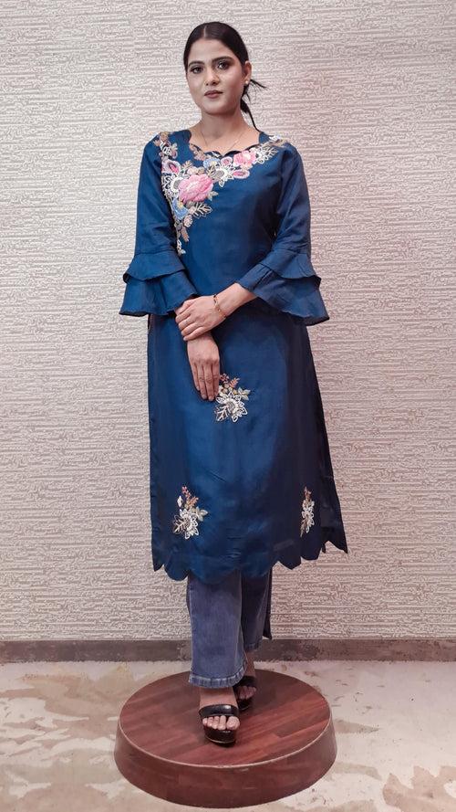 Stunning Deep Teal Blue Bell Sleeves Kurti With 3D Floral Embroidery