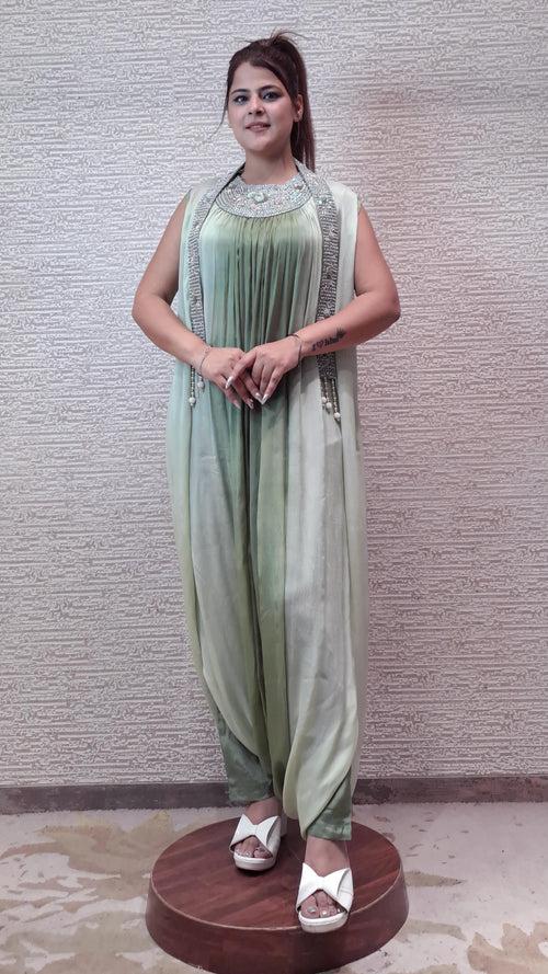 Georgette Jumpsuit In Soothing Shades Of Green With Antique Zari Threadwork