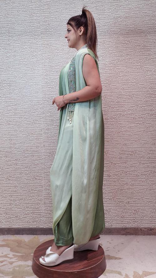 Georgette Jumpsuit In Soothing Shades Of Green With Antique Zari Threadwork