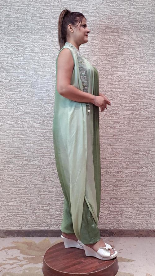 Georgette Jumpsuit In Soothing Shades Of Green With Antique Zari Threadwork