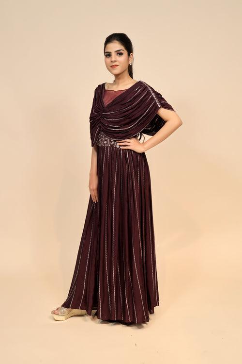 Glamorous Georgette Wine Dress with Cut Dana & Sequin