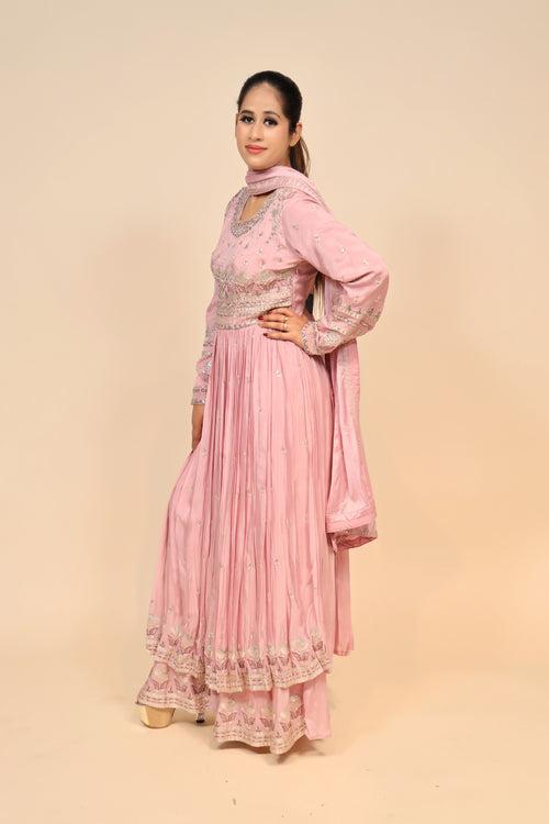 Charming Baby Pink Chinon Suit With Sali, Resham Work & Sequins
