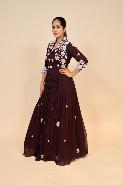 Glamorous Wine Georgette Dress With Sparkling Sequins