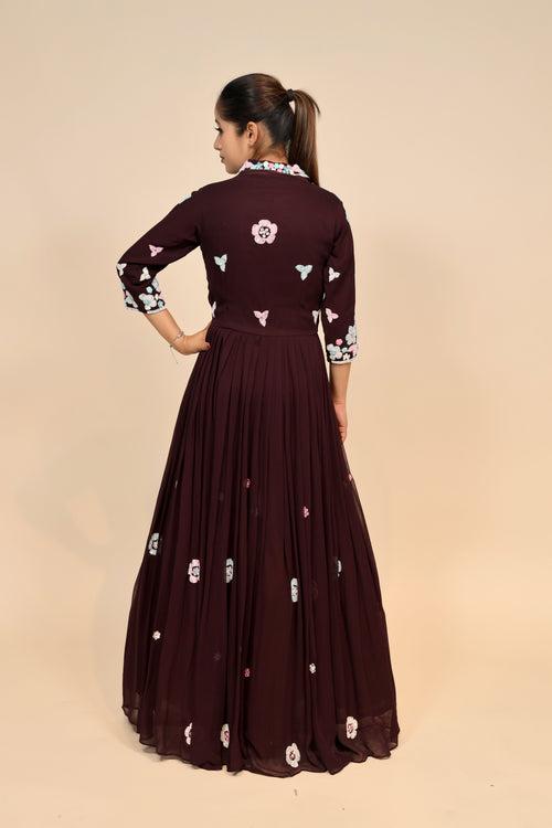 Glamorous Wine Georgette Dress With Sparkling Sequins