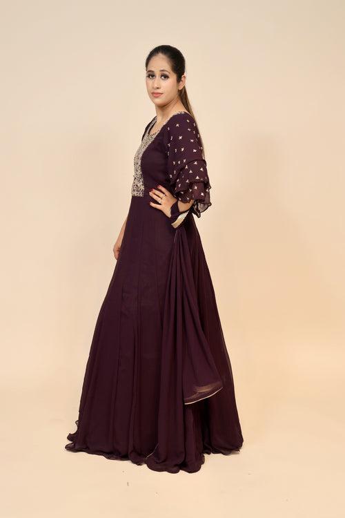 Glamorous Wine Georgette Dress with Cut Dana & Zarkan