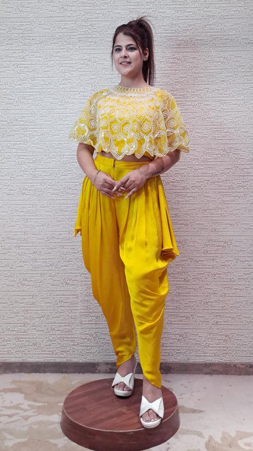 Charming Cape Dhoti Set In Sunshine Yellow Colour