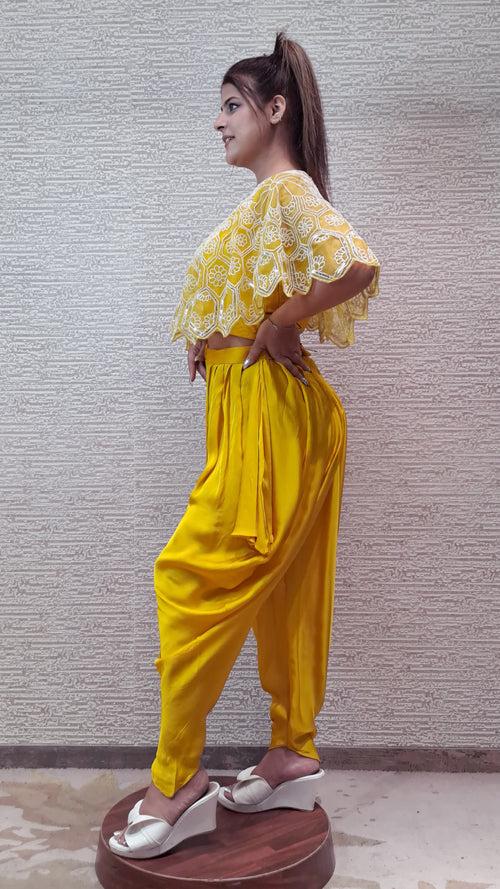 Charming Cape Dhoti Set In Sunshine Yellow Colour