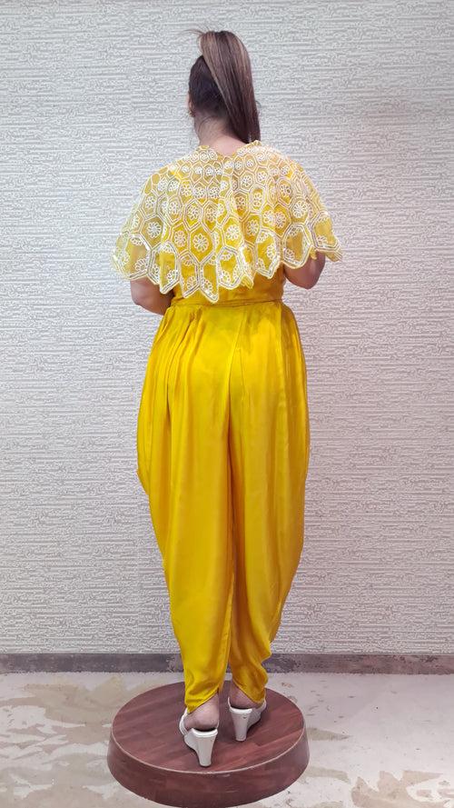 Charming Cape Dhoti Set In Sunshine Yellow Colour