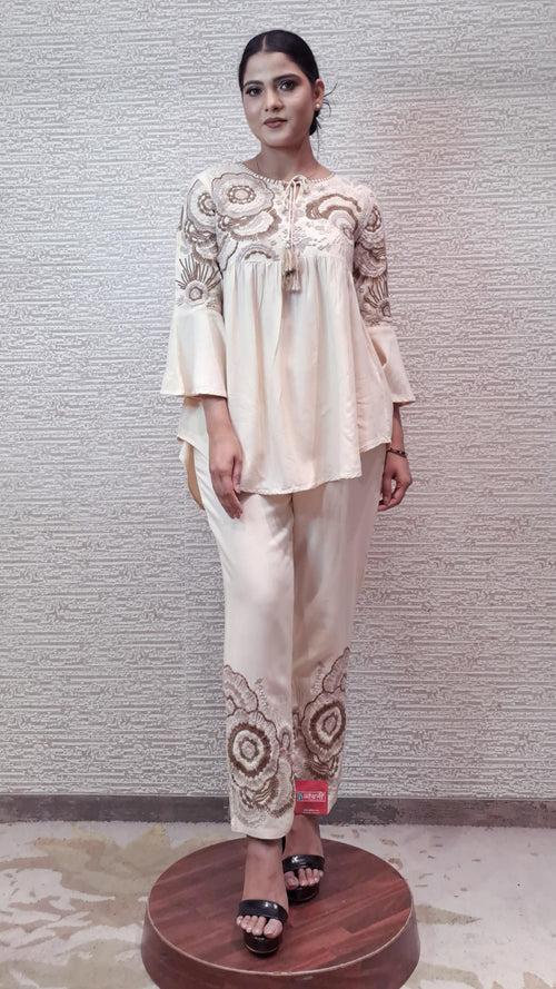 Asymmetric Ivory Co-Ord Set With Floral Applique Work