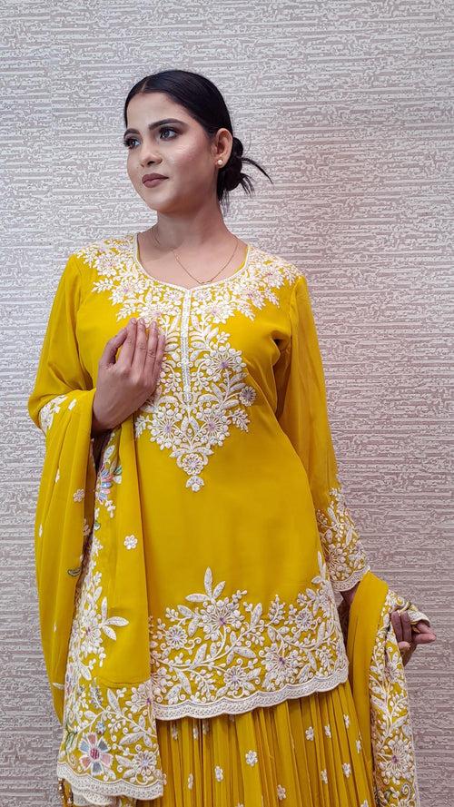 Blooming Yellow Sharara Set With Intricate Threadwork